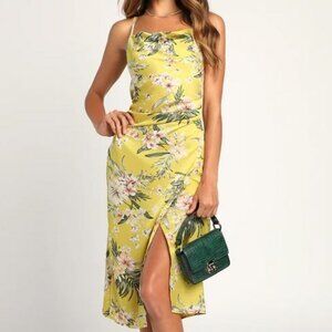 Lulus re:named Hollywood Woman Yellow Chartreuse Tropical Print Satin Midi Dress